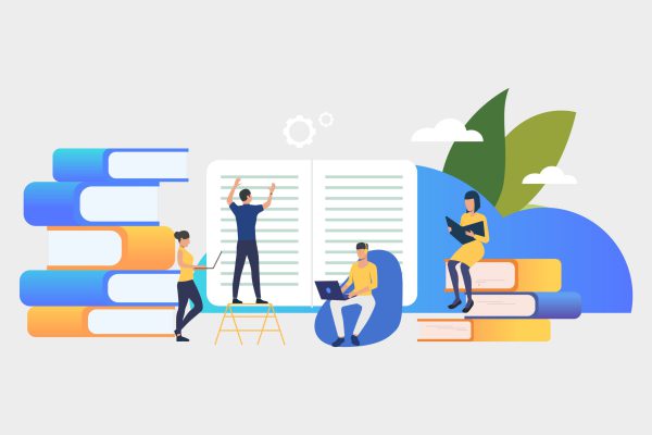 Group of people creating books. Authors, brainstorming, printing house, library. Business concept. Vector illustration for poster, presentation, new project